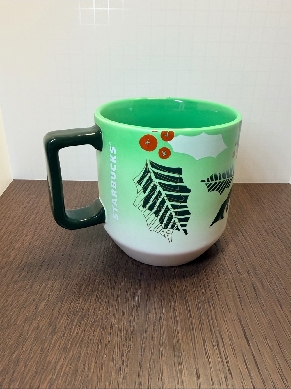 Starbucks Green and White Holiday Leaf Ceramic Mug